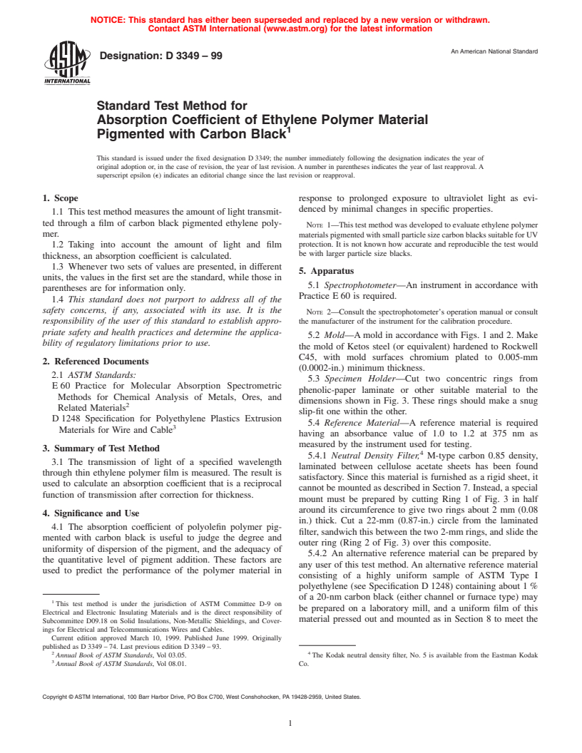 ASTM D3349-99 - Standard Test Method for Absorption Coefficient of Ethylene Polymer Material Pigmented with Carbon Black