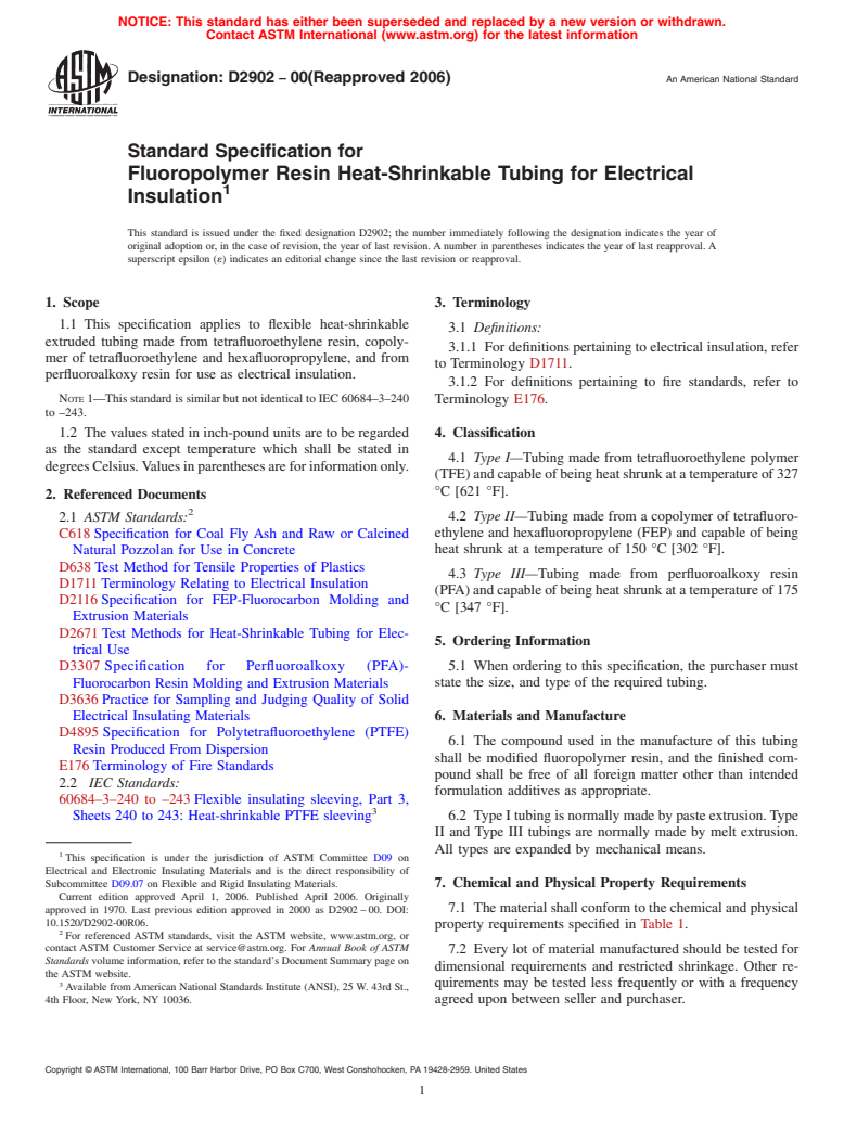 ASTM D2902-00(2006) - Standard Specification for Fluoropolymer Resin Heat-Shrinkable Tubing for Electrical Insulation