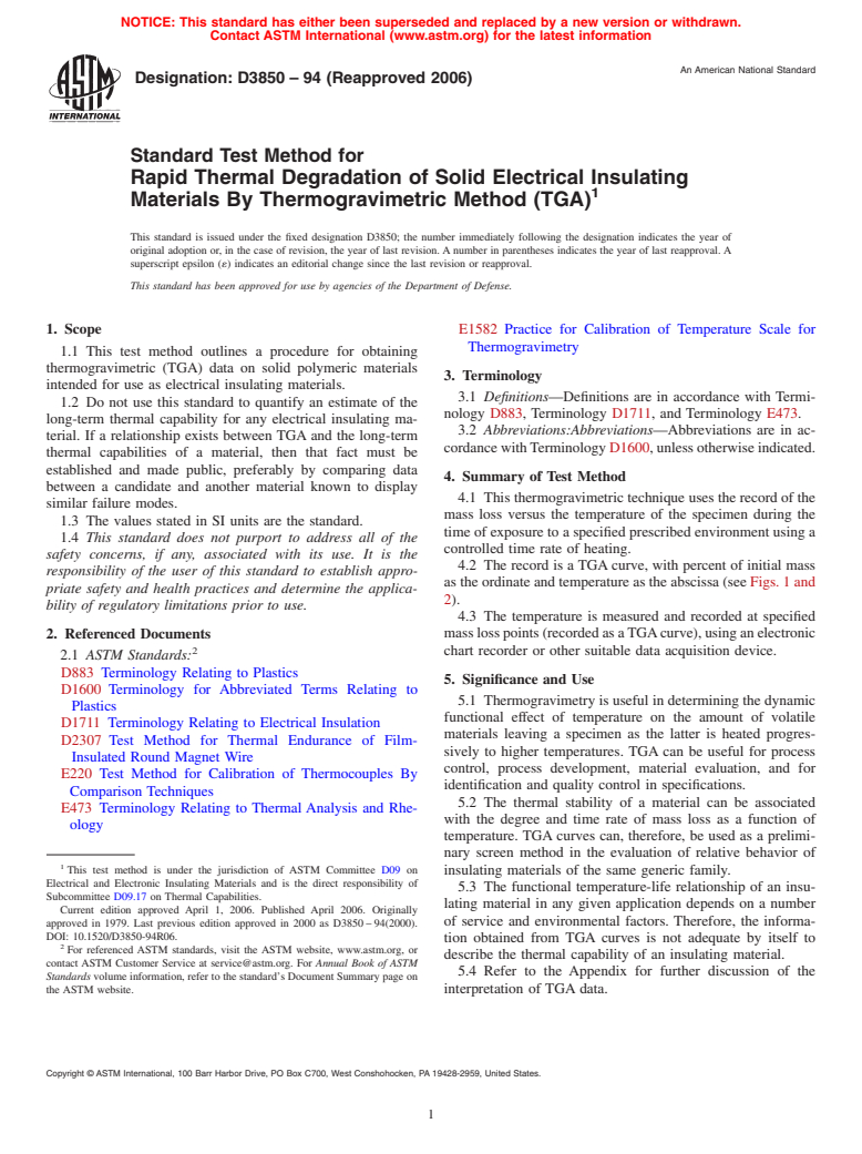 ASTM D3850-94(2006) - Standard Test Method for Rapid Thermal Degradation of Solid Electrical Insulating Materials By Thermogravimetric Method (TGA)