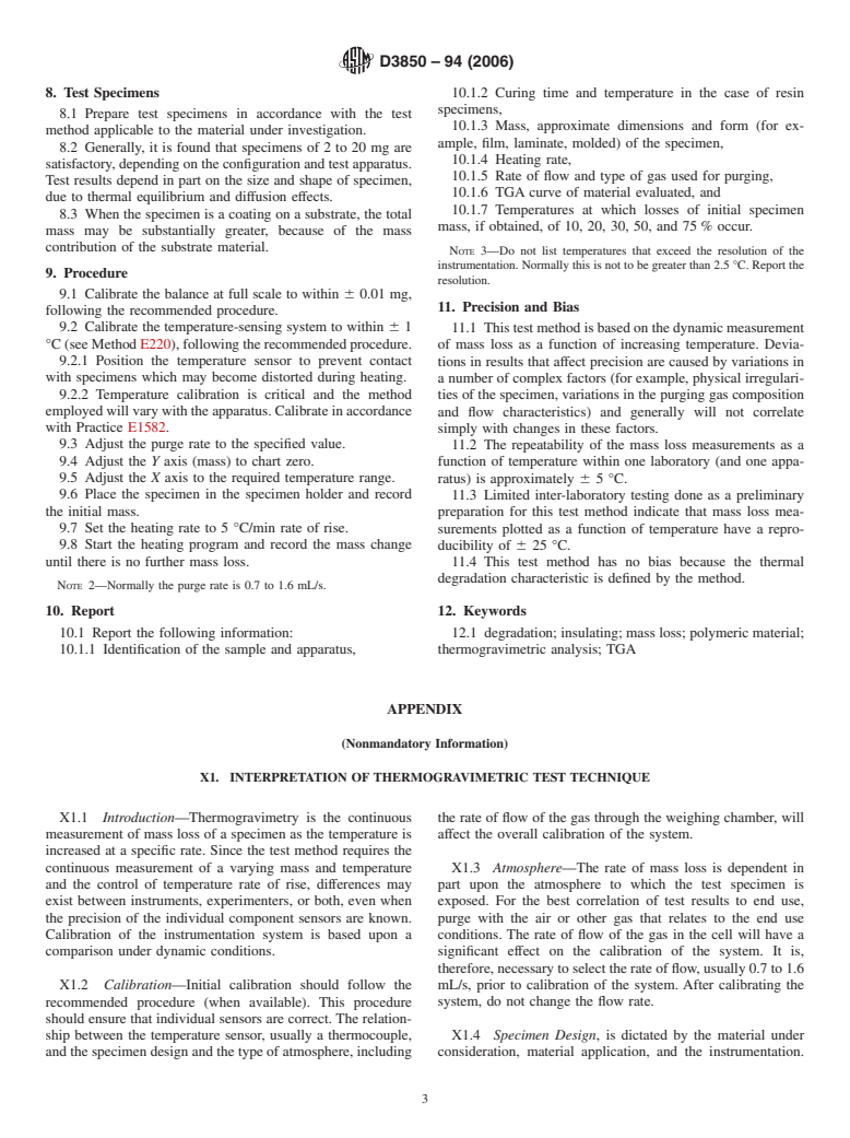 ASTM D3850-94(2006) - Standard Test Method for Rapid Thermal Degradation of Solid Electrical Insulating Materials By Thermogravimetric Method (TGA)