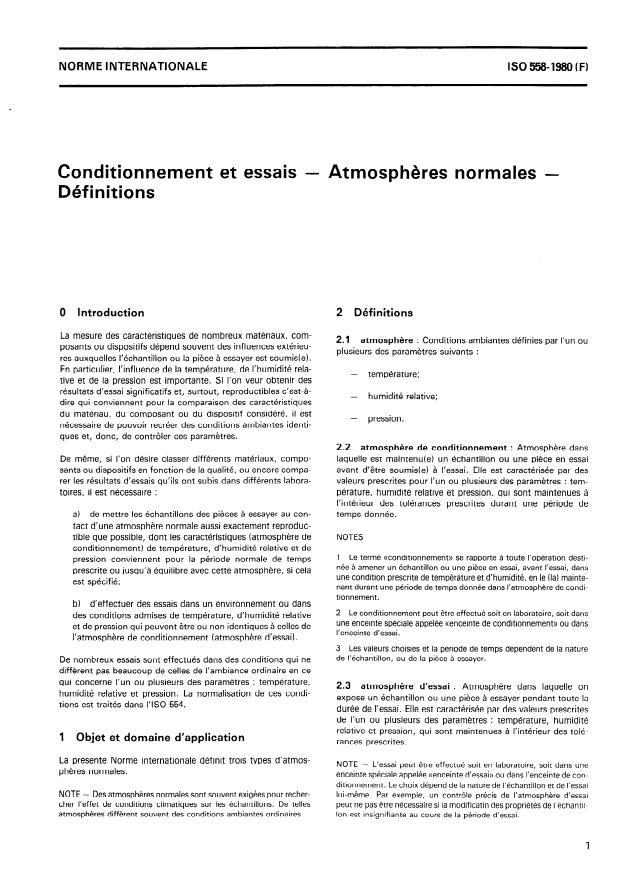 ISO 558:1980 - Conditionnement et essais -- Atmospheres normales -- Définitions