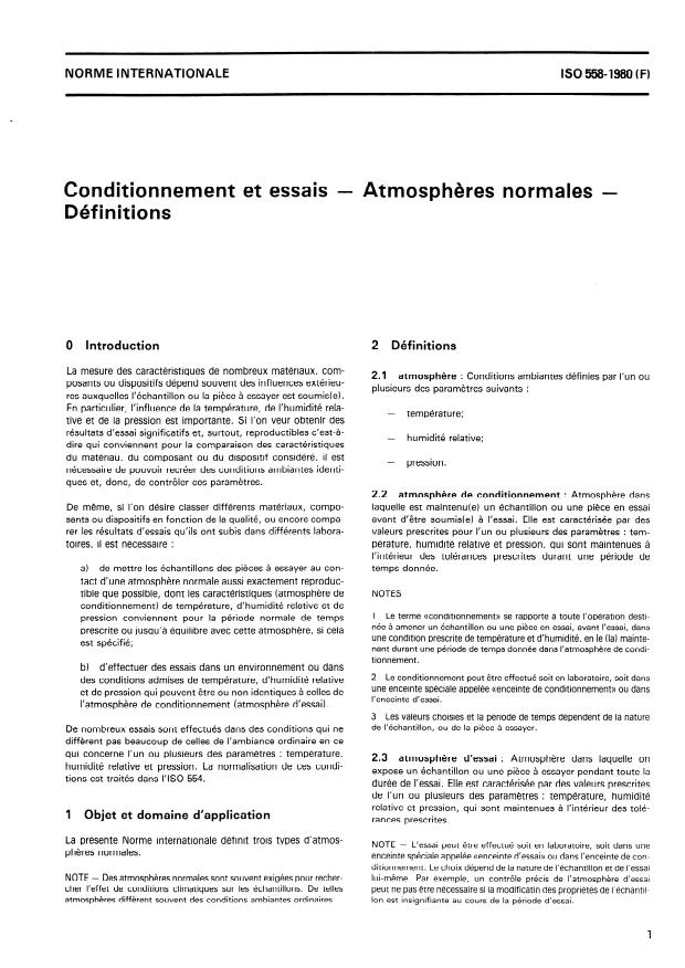 ISO 558:1980 - Conditionnement et essais -- Atmospheres normales -- Définitions
