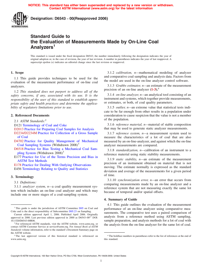 ASTM D6543-00(2006) - Standard Guide to the Evaluation of Measurements Made by On-Line Coal Analyzers