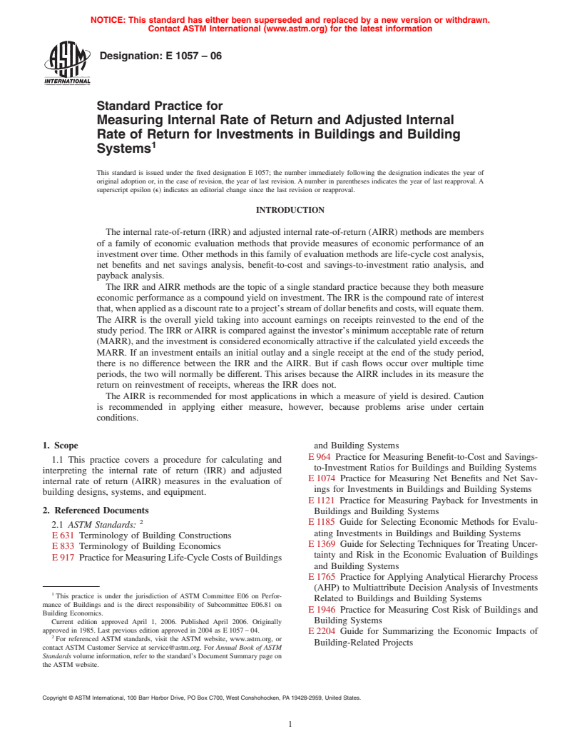 ASTM E1057-06 - Standard Practice for Measuring Internal Rate of Return and Adjusted Internal Rate of Return for Investments in Buildings and Building Systems