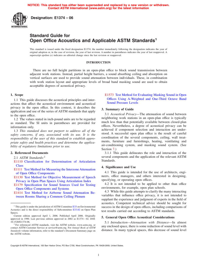 ASTM E1374-06 - Standard Guide for Open Office Acoustics and Applicable ASTM Standards