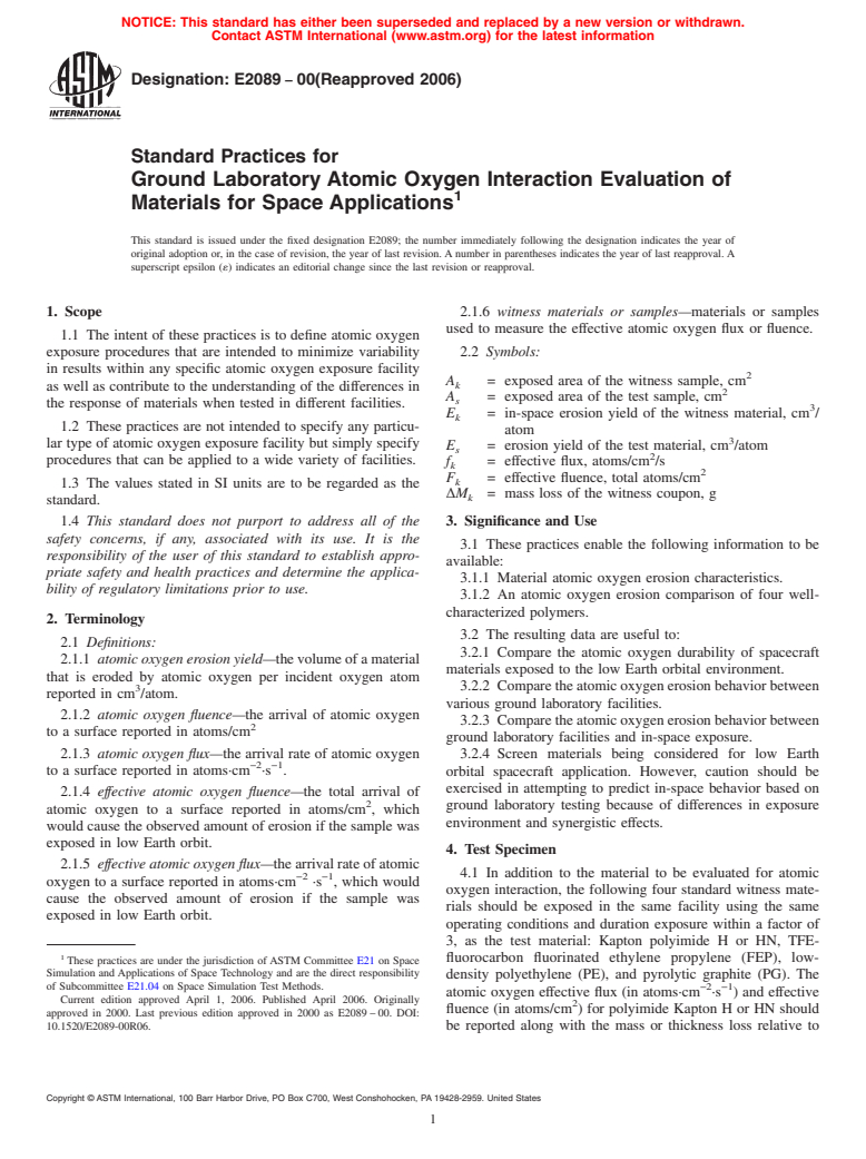 ASTM E2089-00(2006) - Standard Practices for Ground Laboratory Atomic Oxygen Interaction Evaluation of Materials for Space Applications