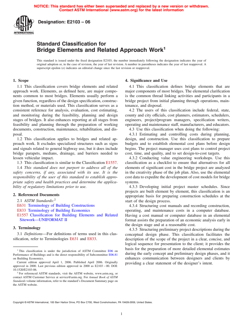 ASTM E2103-06 - Standard Classification for Bridge Elements and Related Approach Work