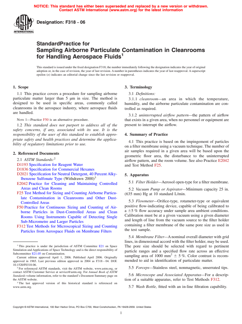 ASTM F318-06 - Standard Practice for Sampling Airborne Particulate Contamination in Cleanrooms for Handling Aerospace Fluids