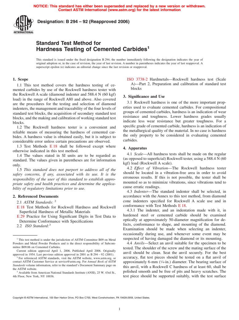 ASTM B294-92(2006) - Standard Test Method for Hardness Testing of Cemented Carbides