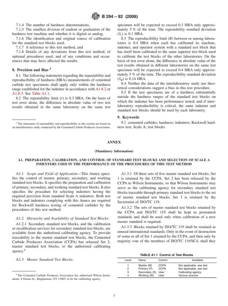 ASTM B294-92(2006) - Standard Test Method for Hardness Testing of Cemented Carbides