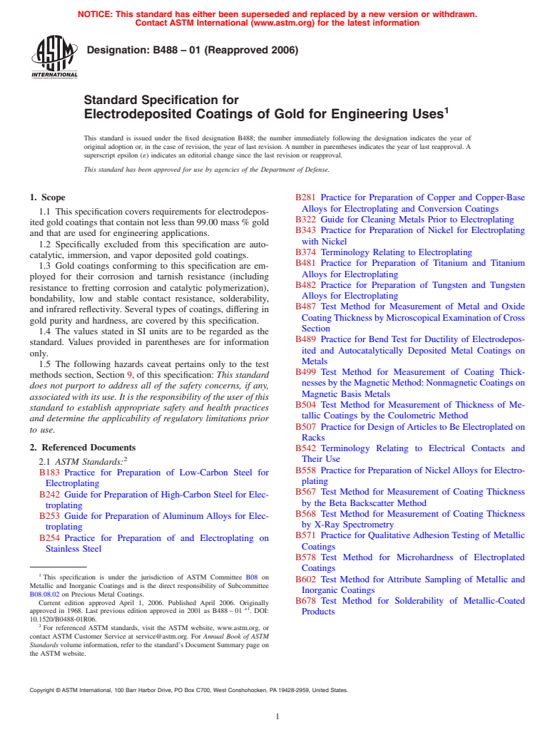 ASTM B488-01(2006) - Standard Specification for Electrodeposited Coatings of Gold for Engineering Uses