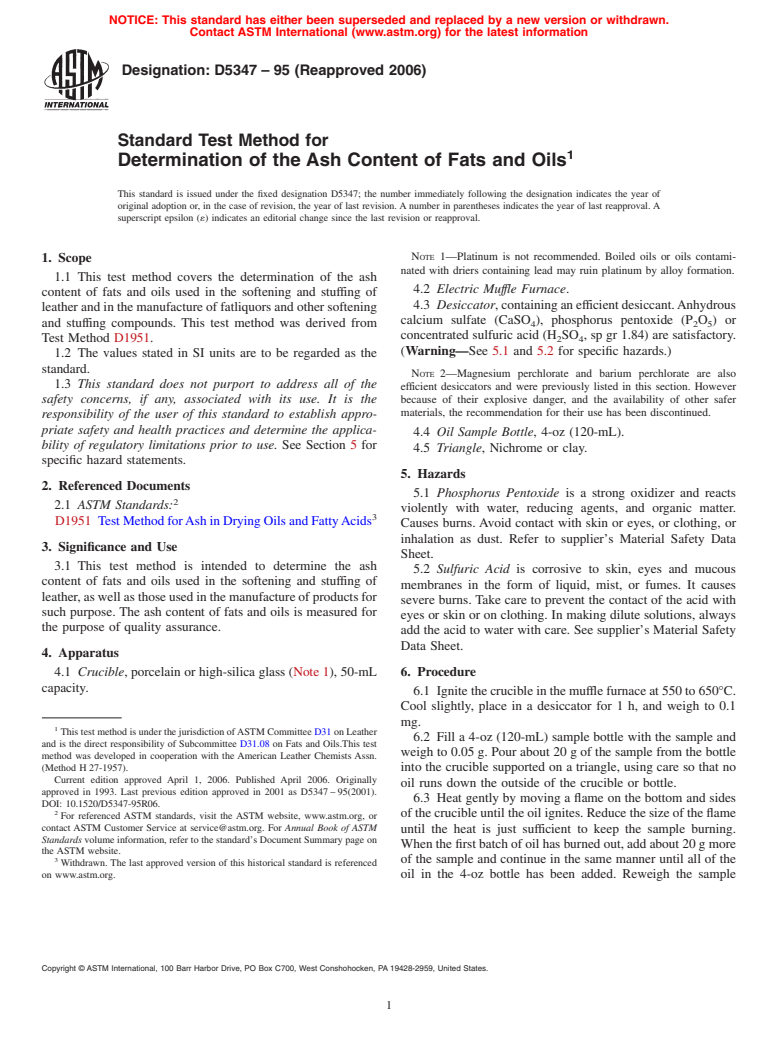 ASTM D5347-95(2006) - Standard Test Method for Determination of the Ash Content of Fats and Oils