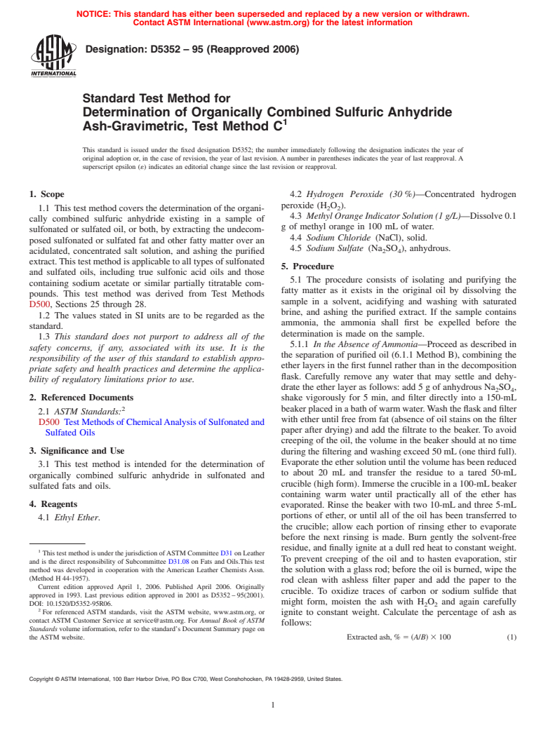 ASTM D5352-95(2006) - Standard Test Method for Determination of Organically Combined Sulfuric Anhydride Ash-Gravimetric, Test Method C