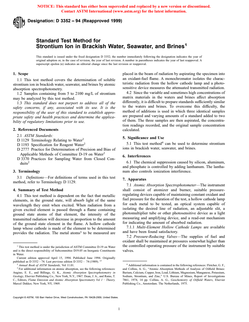 ASTM D3352-94(1999) - Standard Test Method for Strontium Ion in Brackish Water, Seawater, and Brines