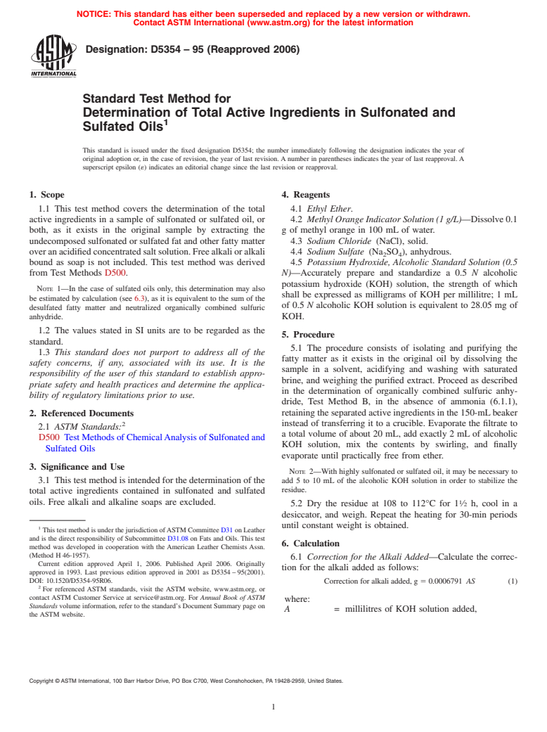 ASTM D5354-95(2006) - Standard Test Method for Determination of Total Active Ingredients in Sulfonated and Sulfated Oils