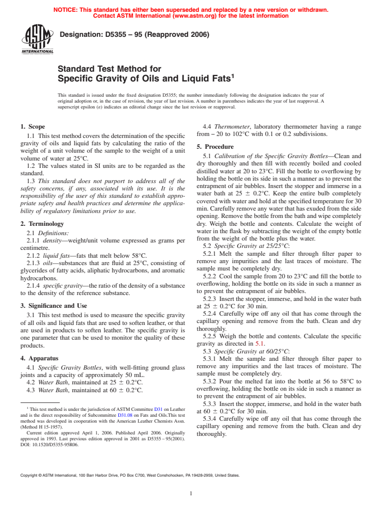 ASTM D5355-95(2006) - Standard Test Method for Specific Gravity of Oils and Liquid Fats