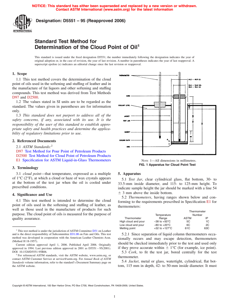 ASTM D5551-95(2006) - Standard Test Method for Determination of the Cloud Point of Oil