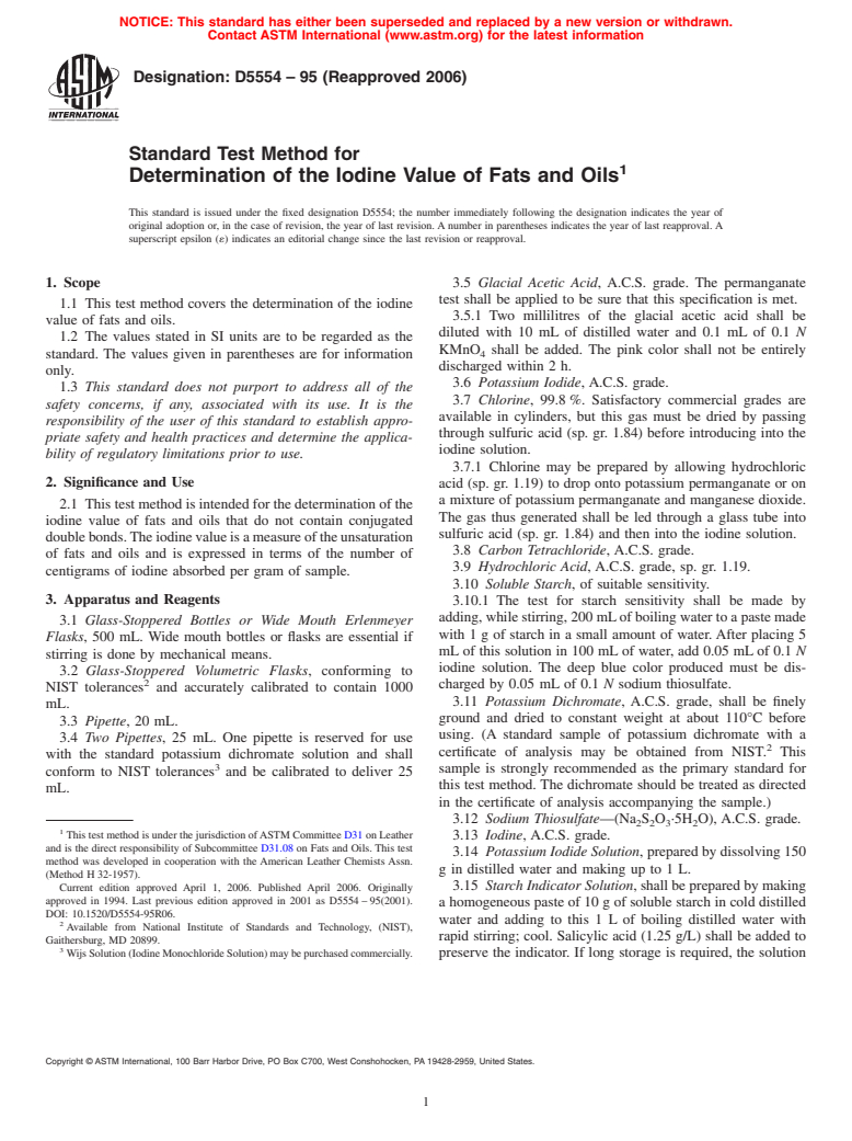 ASTM D5554-95(2006) - Standard Test Method for Determination of the Iodine Value of Fats and Oils