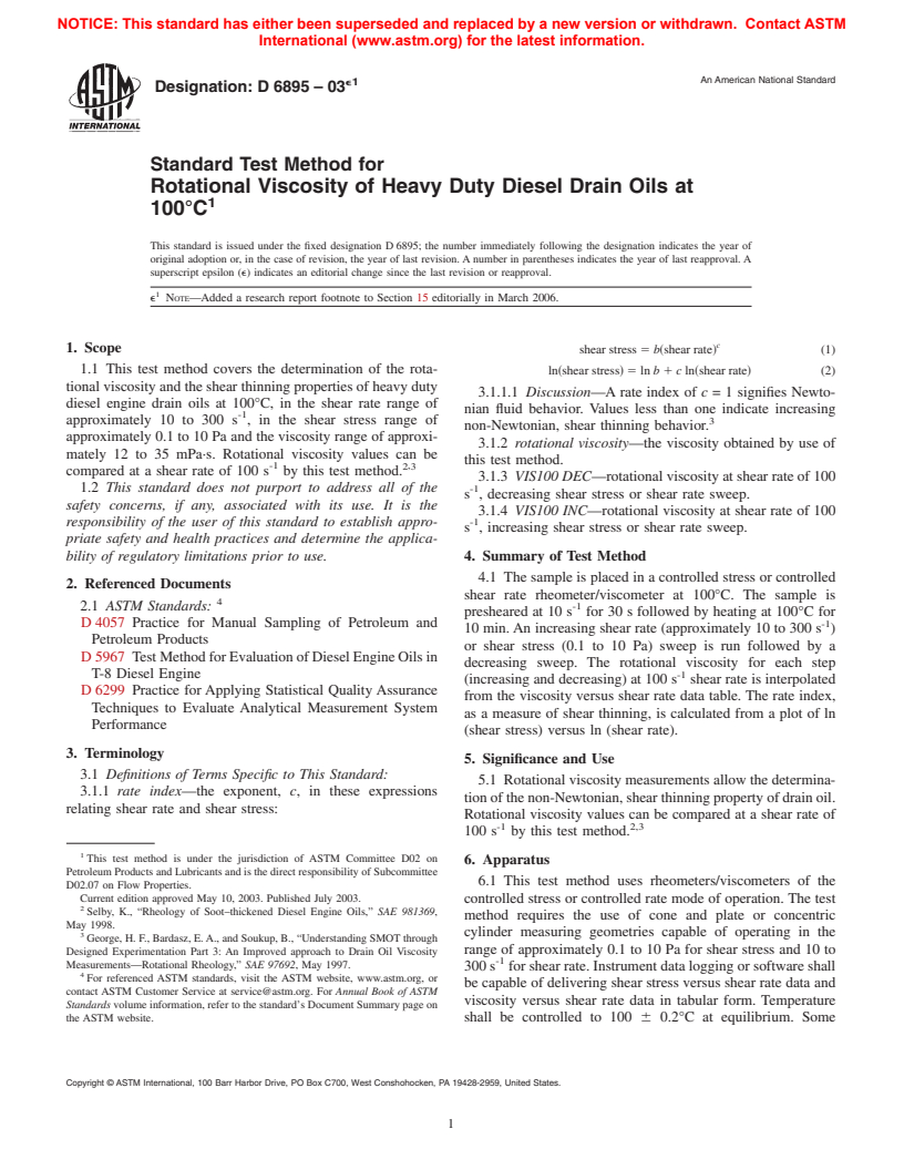 ASTM D6895-03e1 - Standard Test Method for Rotational Viscosity of Heavy Duty Diesel Drain Oils at 100&#176;C