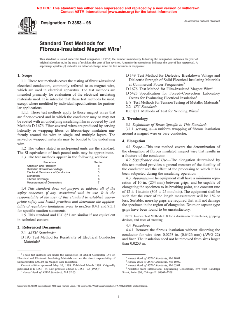 ASTM D3353-98 - Standard Test Methods for Fibrous-Insulated Magnet Wire