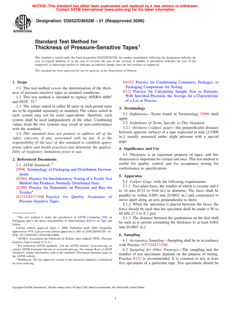 ASTM D3652/D3652M-01(2006) - Standard Test Method for Thickness of Pressure-Sensitive Tapes