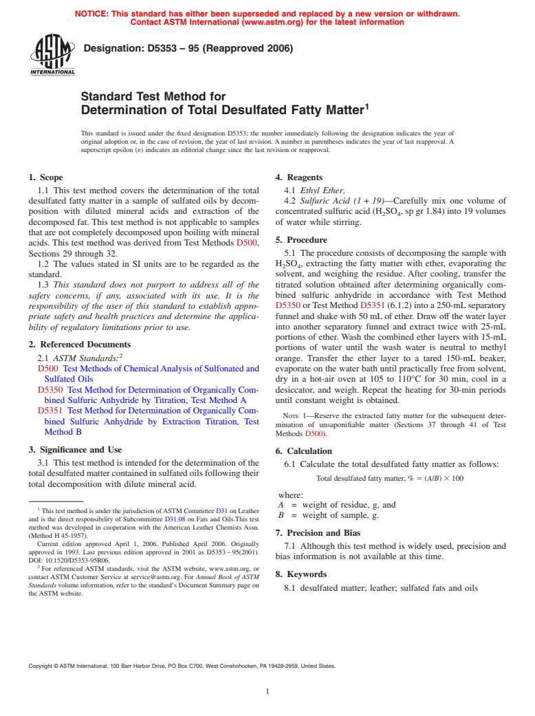 ASTM D5353-95(2006) - Standard Test Method for Determination of Total Desulfated Fatty Matter