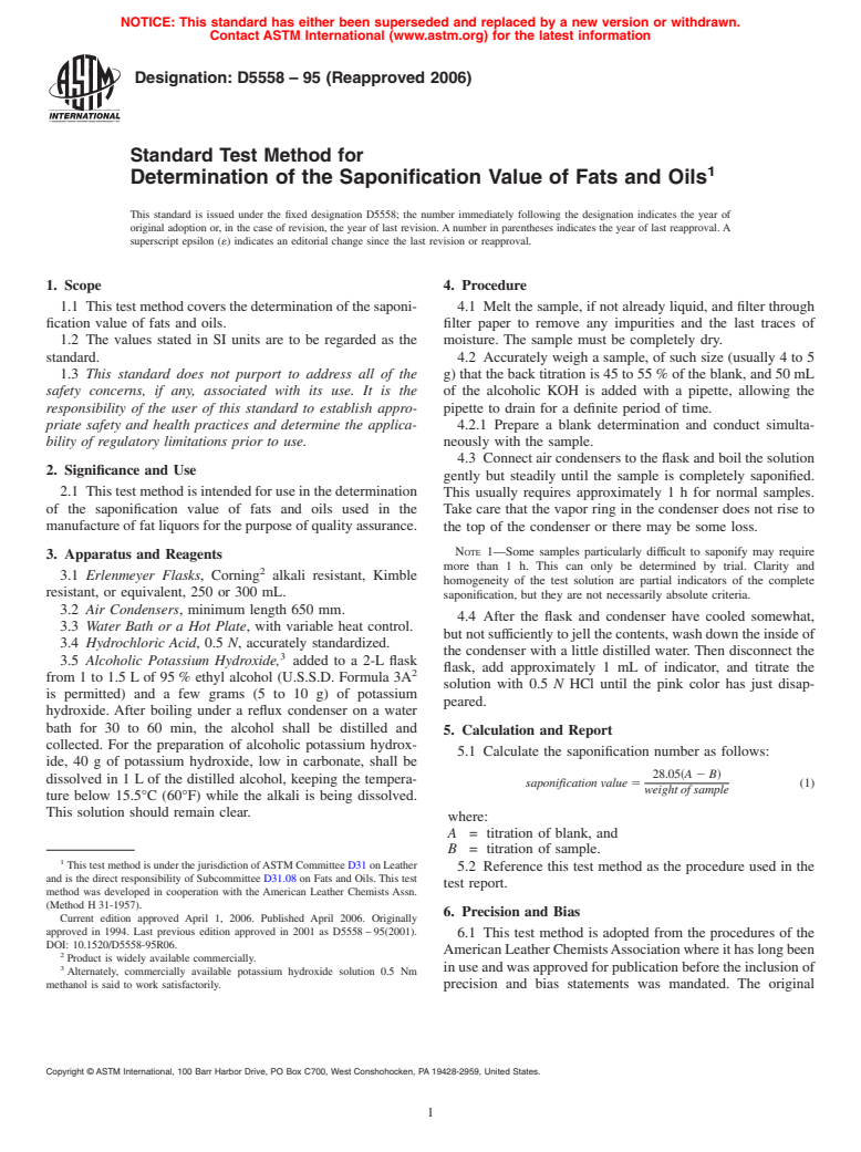 ASTM D5558-95(2006) - Standard Test Method for Determination of the Saponification Value of Fats and Oils