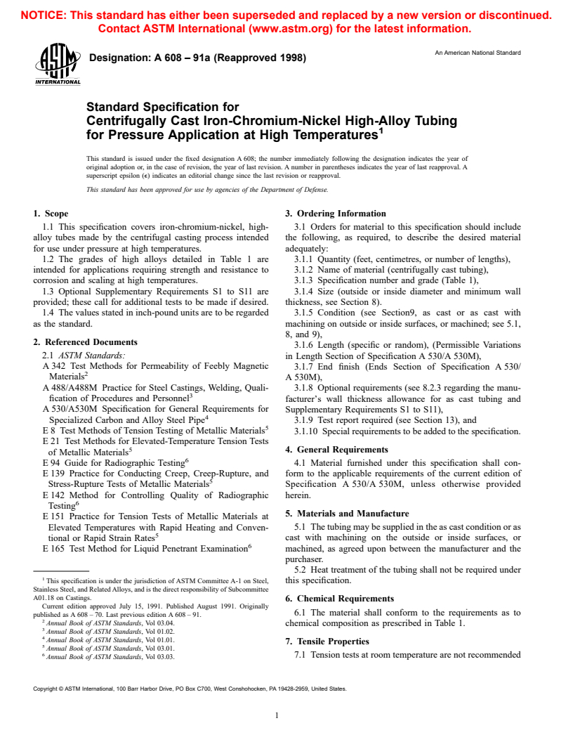 ASTM A608-91a(1998) - Standard Specification for Centrifugally Cast Iron-Chromium-Nickel High-Alloy Tubing for Pressure Application at High Temperatures