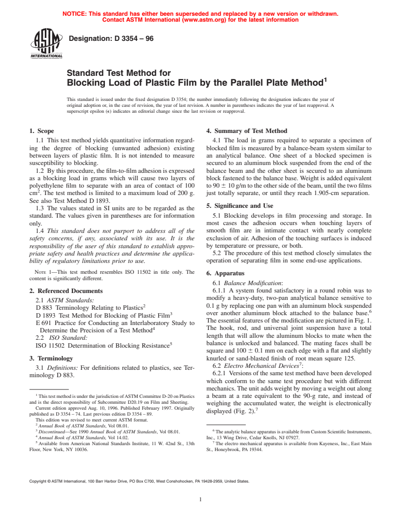 ASTM D3354-96 - Standard Test Method for Blocking Load of Plastic Film by the Parallel Plate Method