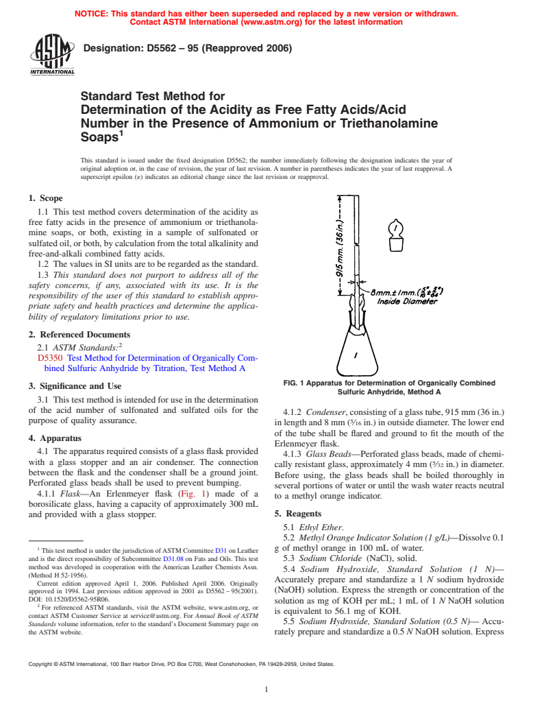 ASTM D5562-95(2006) - Standard Test Method for Determination of the Acidity as Free Fatty Acids/Acid Number in the Presence of Ammonium or Triethanolamine Soaps