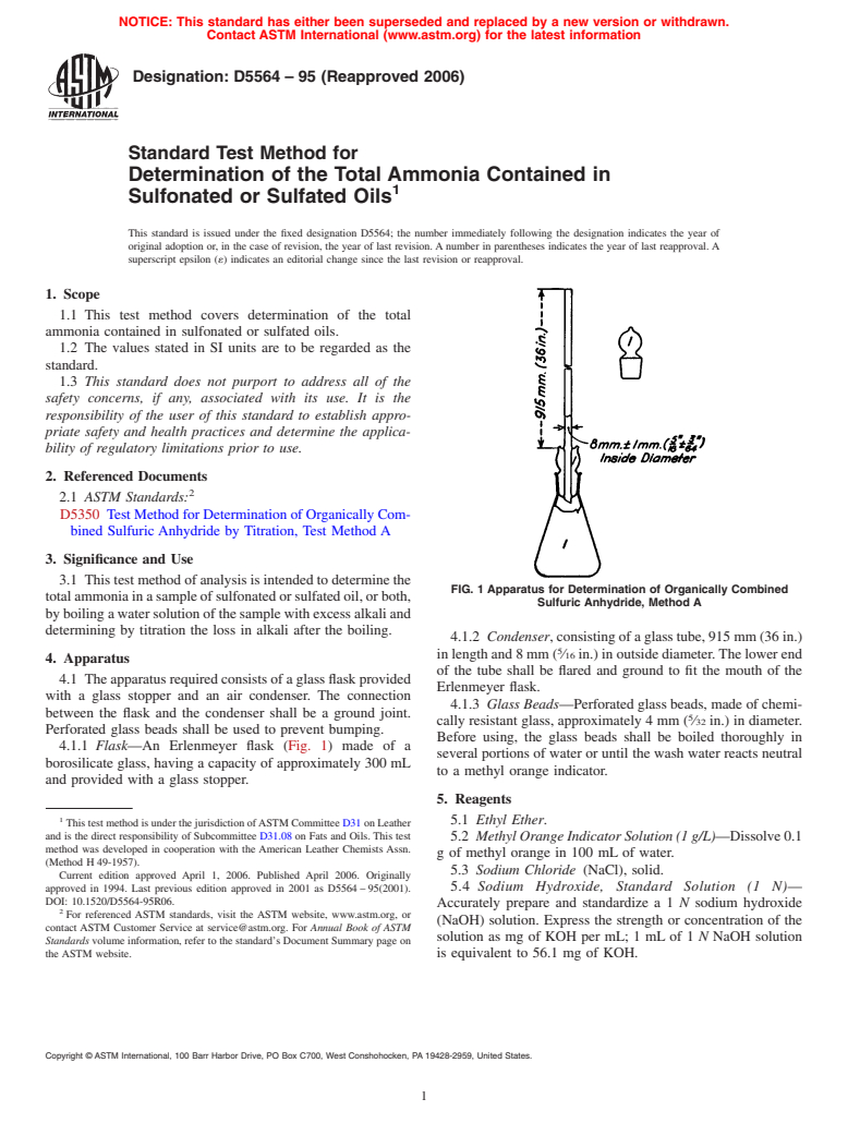 ASTM D5564-95(2006) - Standard Test Method for Determination of the Total Ammonia Contained in Sulfonated or Sulfated Oils