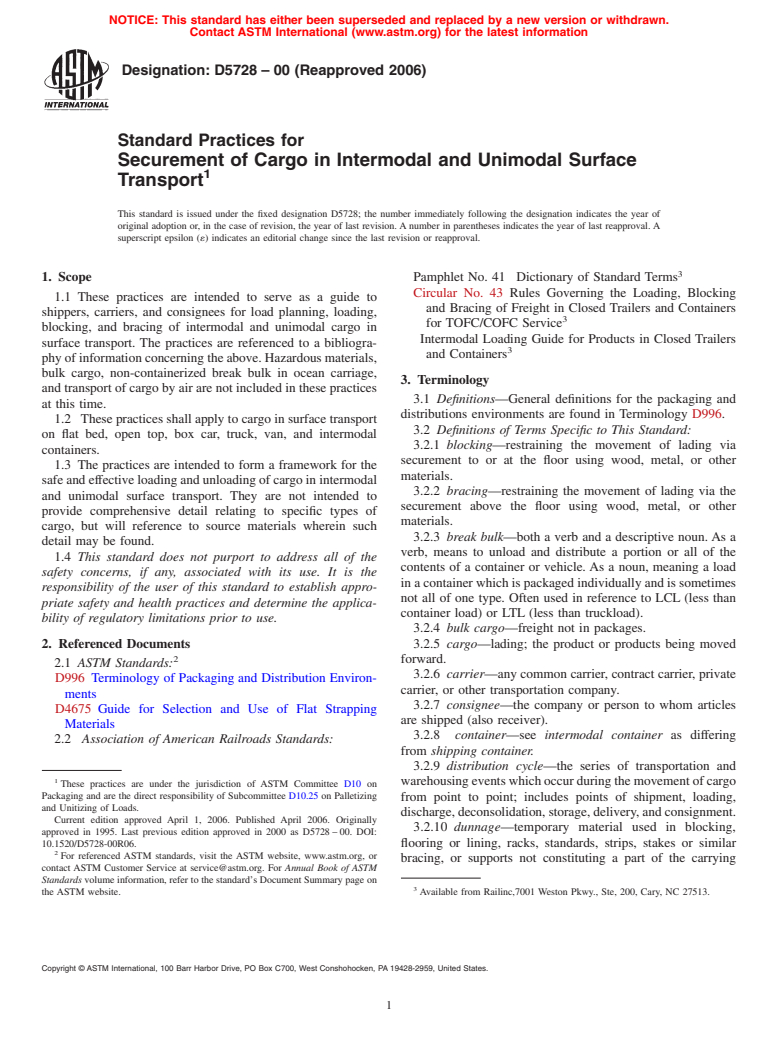 ASTM D5728-00(2006) - Standard Practices for Securement of Cargo in Intermodal and Unimodal Surface Transport