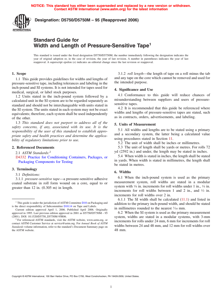 ASTM D5750/D5750M-95(2006) - Standard Guide for Width and Length of Pressure-Sensitive Tape