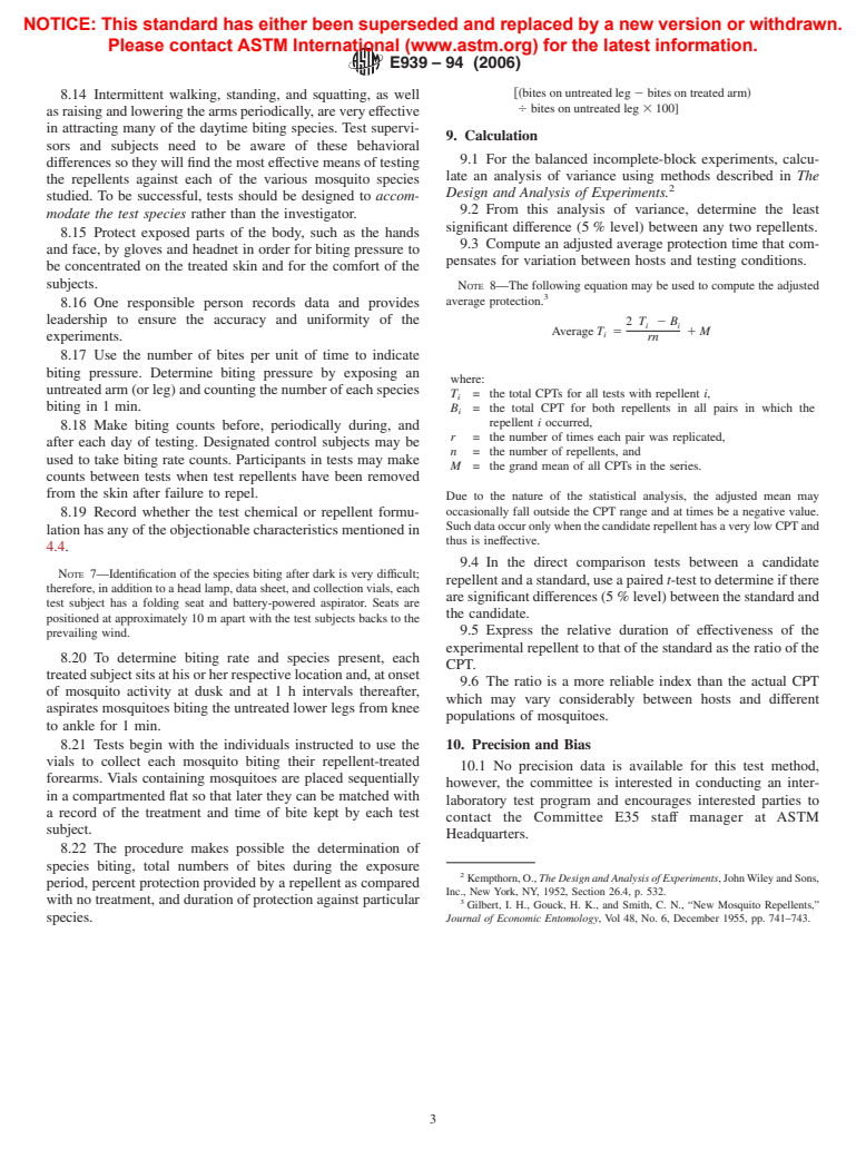 ASTM E939-94(2006) - Standard Test Method of Field Testing Topical Applications of Compounds as Repellents for Medically Important and Pest Arthropods (Including Insects, Ticks, and Mites):I Mosquitoes