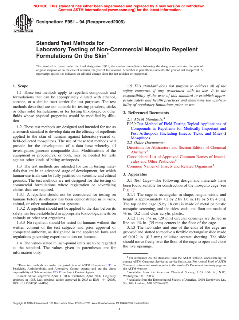 ASTM E951-94(2006) - Standard Test Methods for Laboratory Testing of Non-Commercial Mosquito Repellent Formulations On the Skin (Withdrawn 2015)