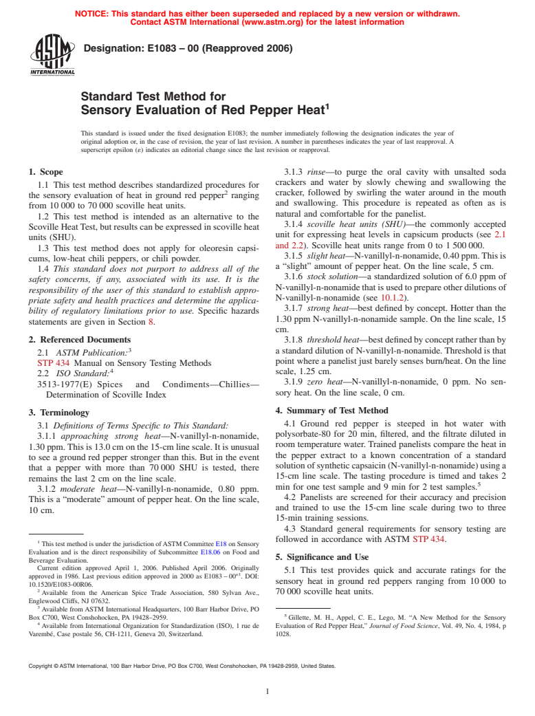 ASTM E1083-00(2006) - Standard Test Method for Sensory Evaluation of Red Pepper Heat