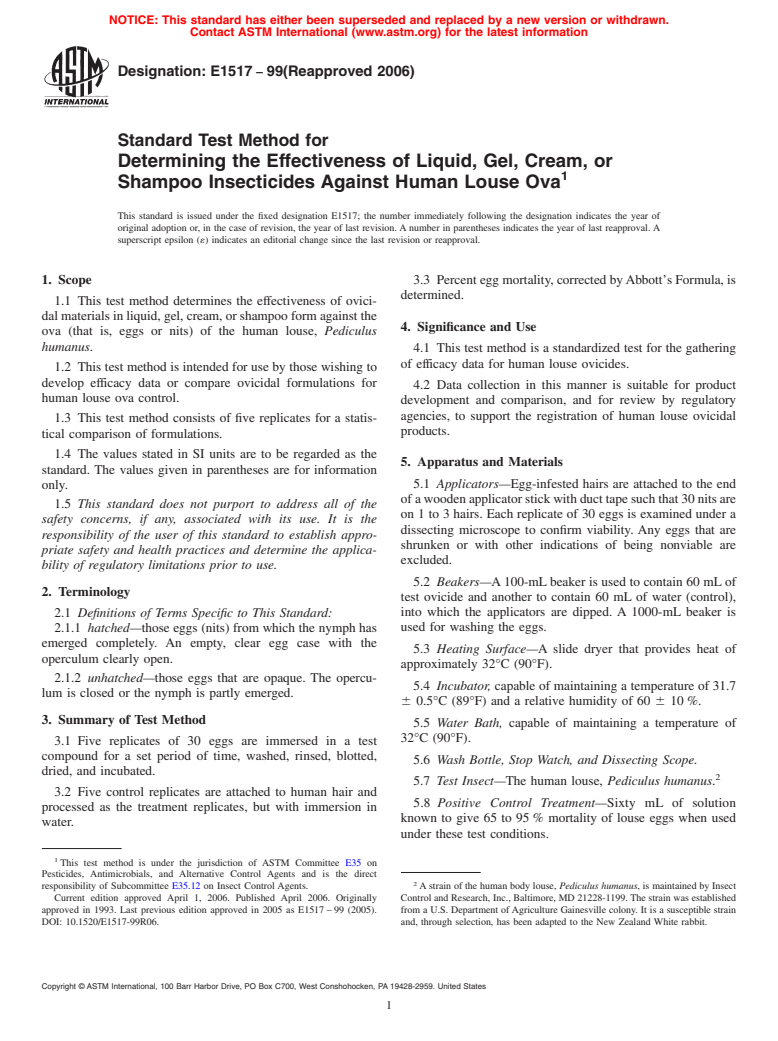 ASTM E1517-99(2006) - Standard Test Method for Determining the Effectiveness of Liquid, Gel, Cream, or Shampoo Insecticides Against Human Louse Ova