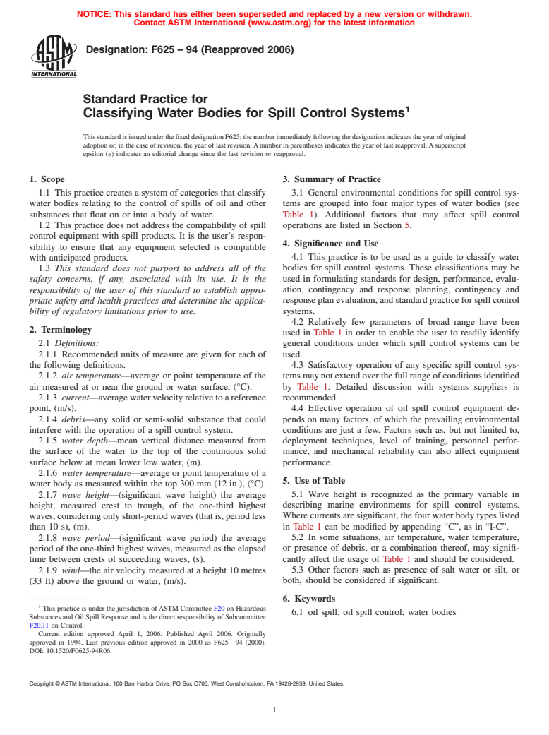 ASTM F625-94(2006) - Standard Practice for Classifying Water Bodies for Spill Control Systems