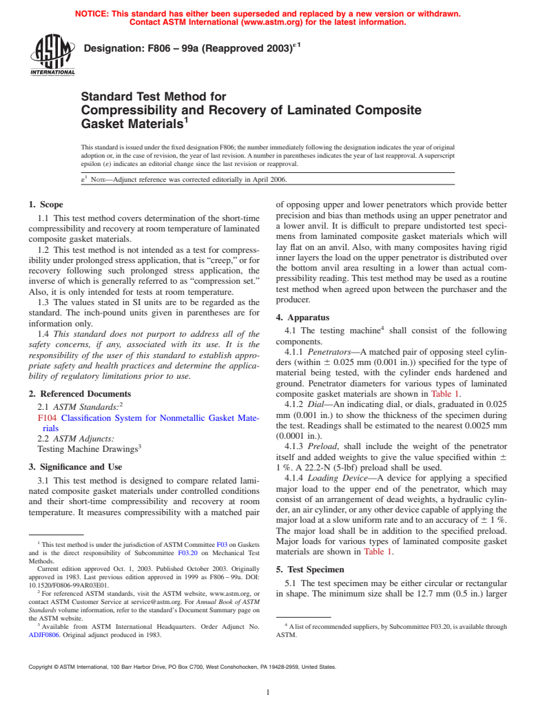 ASTM F806-99a(2003)e1 - Standard Test Method for Compressibility and Recovery of Laminated Composite Gasket Materials