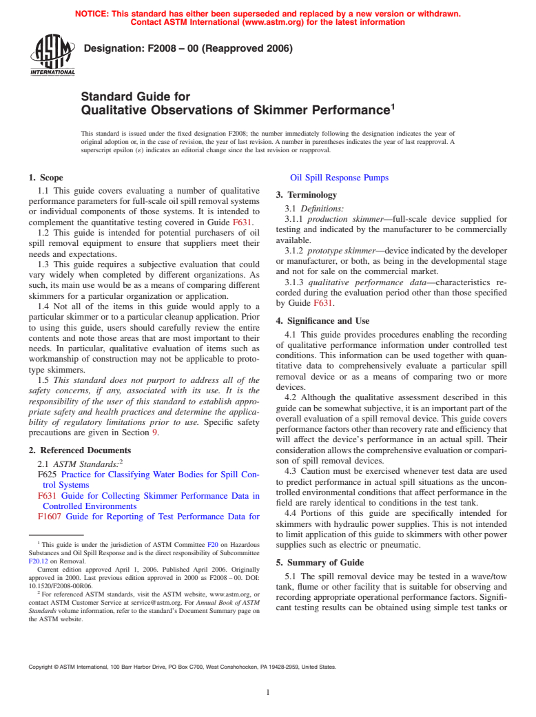 ASTM F2008-00(2006) - Standard Guide for Qualitative Observations of Skimmer Performance