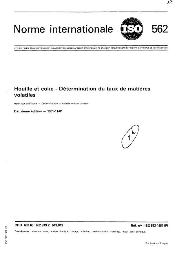 ISO 562:1981 - Houille et coke -- Détermination du taux de matieres volatiles