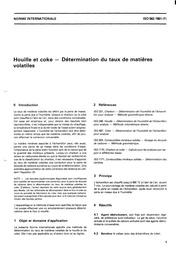 ISO 562:1981 - Houille et coke -- Détermination du taux de matieres volatiles