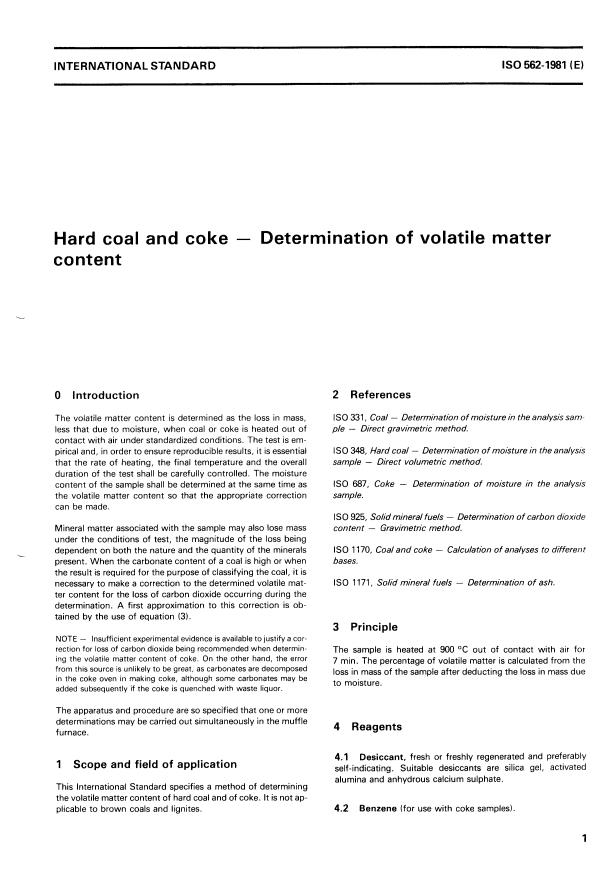 ISO 562:1981 - Hard coal and coke -- Determination of volatile matter content