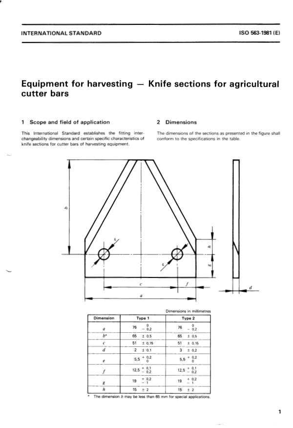 ISO 563:1981 - Equipment for harvesting -- Knife sections for agricultural cutter bars