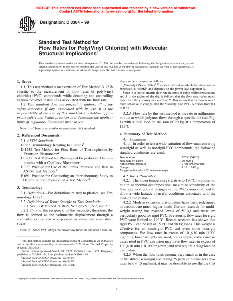 ASTM D3364-99 - Standard Test Method for Flow Rates for Poly(Vinyl Chloride) with Molecular Structural Implications