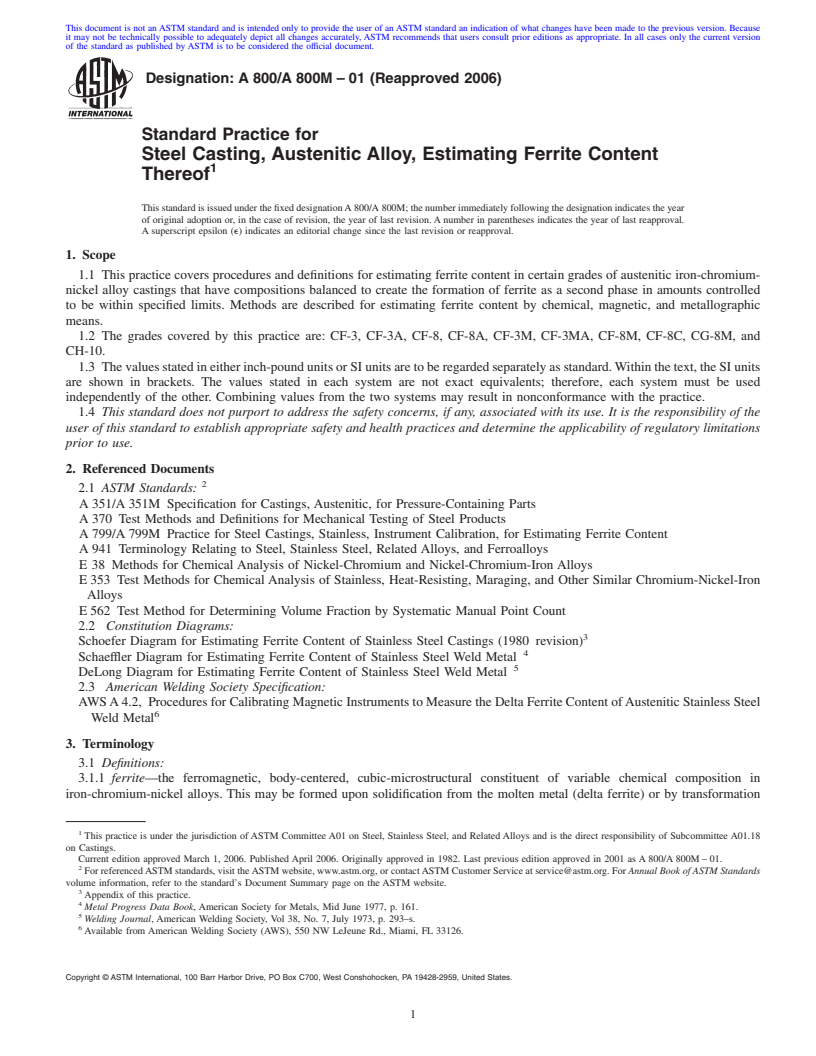 REDLINE ASTM A800/A800M-01(2006) - Standard Practice for Steel Casting, Austenitic Alloy, Estimating Ferrite Content Thereof