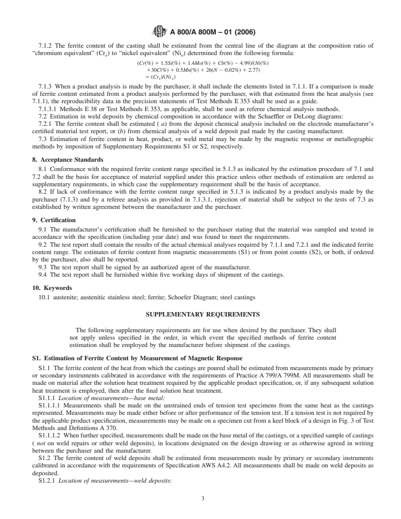 REDLINE ASTM A800/A800M-01(2006) - Standard Practice for Steel Casting, Austenitic Alloy, Estimating Ferrite Content Thereof