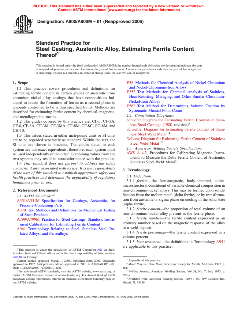 ASTM A800/A800M-01(2006) - Standard Practice for Steel Casting, Austenitic Alloy, Estimating Ferrite Content Thereof