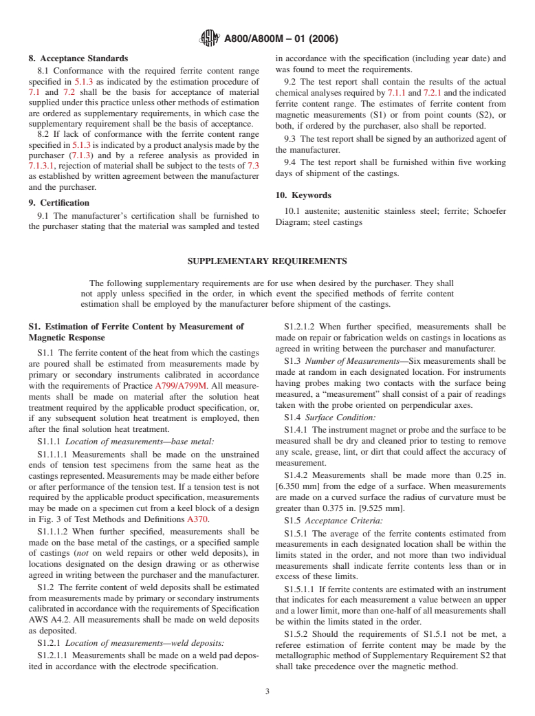 ASTM A800/A800M-01(2006) - Standard Practice for Steel Casting, Austenitic Alloy, Estimating Ferrite Content Thereof