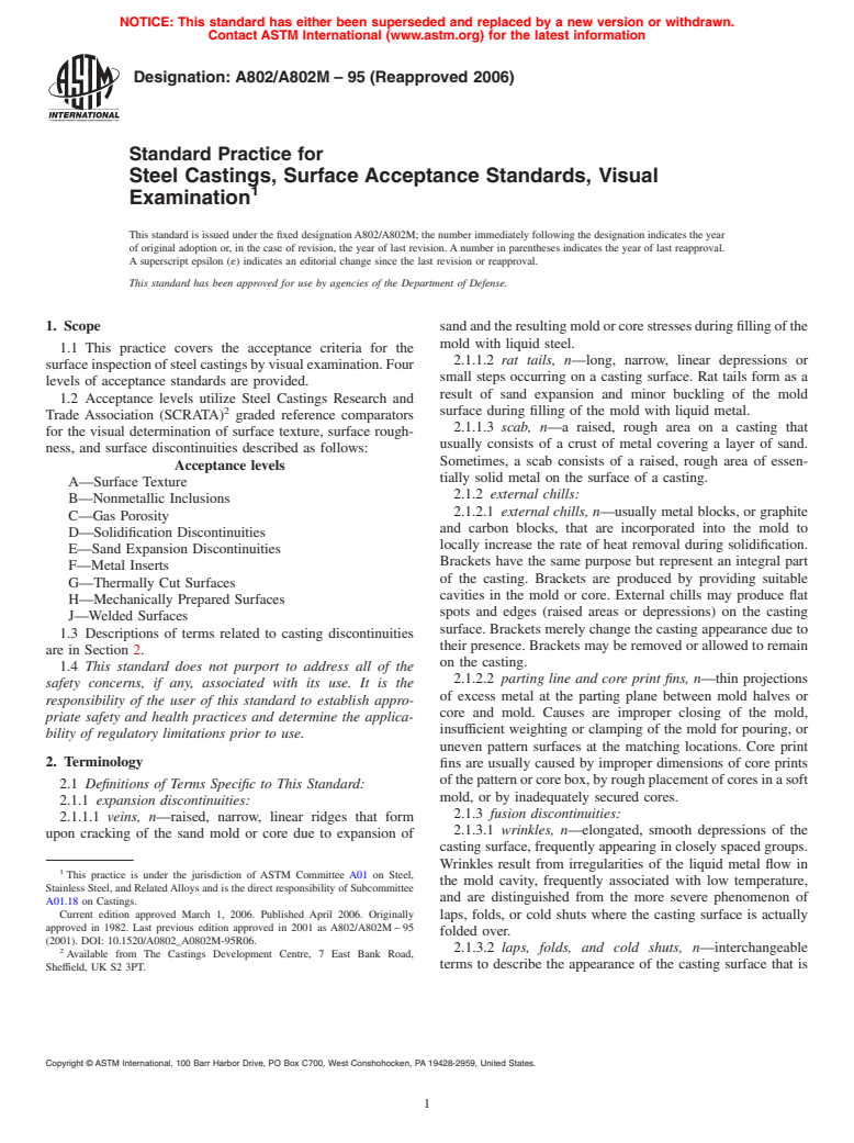 ASTM A802/A802M-95(2006) - Standard Practice for Steel Castings, Surface Acceptance Standards, Visual Examination